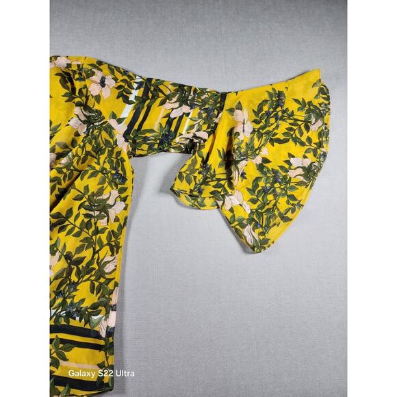 Cabi Womens Blouse Large Mesh Sheer Boho Floral Fairy Bell Ruffle Sleeve Yellow - Picture 2 of 7